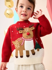 Bright Red Reindeer Knitted Christmas Jumper (3mths-7yrs) - Image 1 of 7