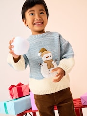 Blue/Ecru Snowman Knitted Christmas Jumper (3mths-7yrs) - Image 1 of 8