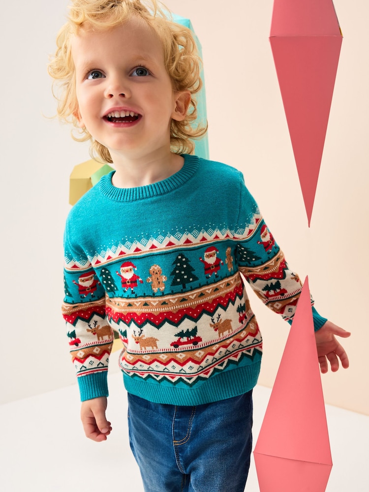 Teal Blue Fairisle Knitted Christmas Jumper (3mths-7yrs) - Image 1 of 3