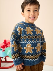 Navy Blue Gingerbread Knitted Christmas Jumper (3mths-7yrs) - Image 1 of 8