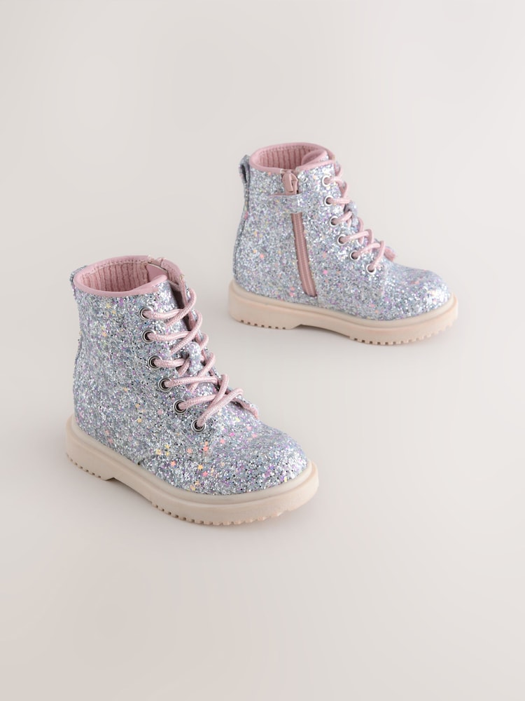 Silver Glitter Wide Fit (G) Lace-Up Ankle Boots - Image 1 of 5 Silver Glitter Wide Fit (G) Lace-Up Ankle Boots - Image 1 of 5