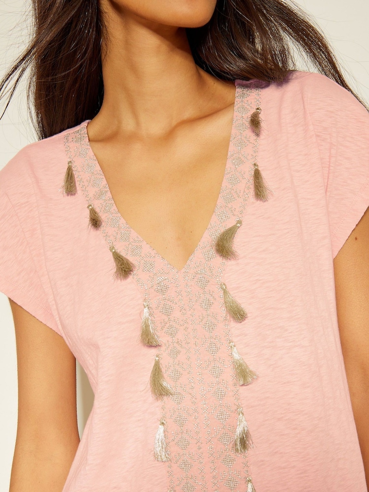 Monsoon Pink 100% Cotton Jodie Tassel Beach Tunic Mini Dress - Image 2 of 5