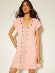Monsoon Pink 100% Cotton Jodie Tassel Beach Tunic Mini Dress - Image 3 of 5