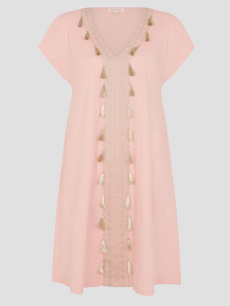 Monsoon Pink 100% Cotton Jodie Tassel Beach Tunic Mini Dress - Image 5 of 5