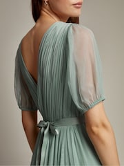 Monsoon Green Ellie Sheer Sleeve Plunge Tulle Maxi Dress - Image 2 of 4