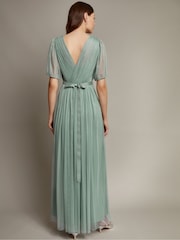 Monsoon Green Ellie Sheer Sleeve Plunge Tulle Maxi Dress - Image 3 of 4
