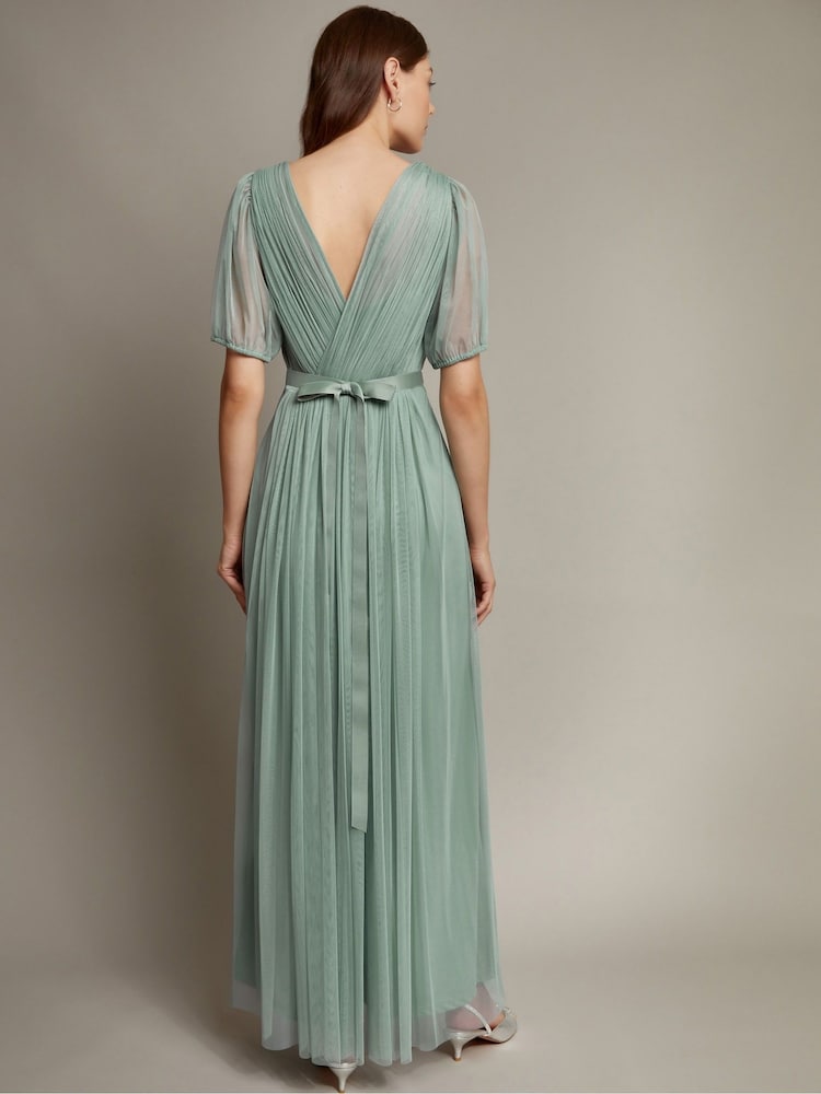 Monsoon Green Ellie Sheer Sleeve Plunge Tulle Maxi Dress - Image 3 of 4