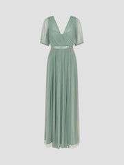 Monsoon Green Ellie Sheer Sleeve Plunge Tulle Maxi Dress - Image 4 of 4