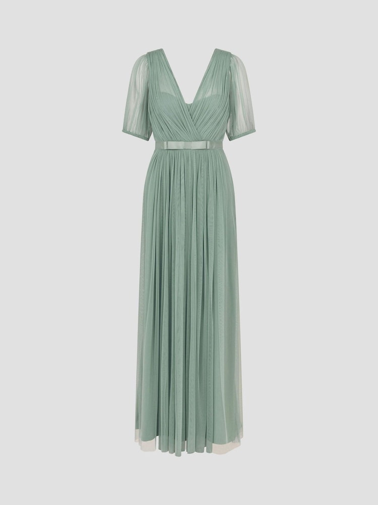 Monsoon Green Ellie Sheer Sleeve Plunge Tulle Maxi Dress - Image 4 of 4