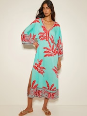 Monsoon Green Pamela Palm Print Kaftan Dress - Image 1 of 5