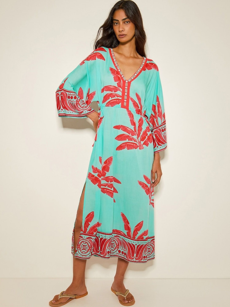 Monsoon Green Pamela Palm Print Kaftan Dress - Image 1 of 5