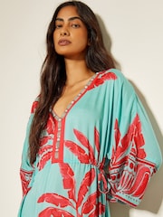 Monsoon Green Pamela Palm Print Kaftan Dress - Image 3 of 5