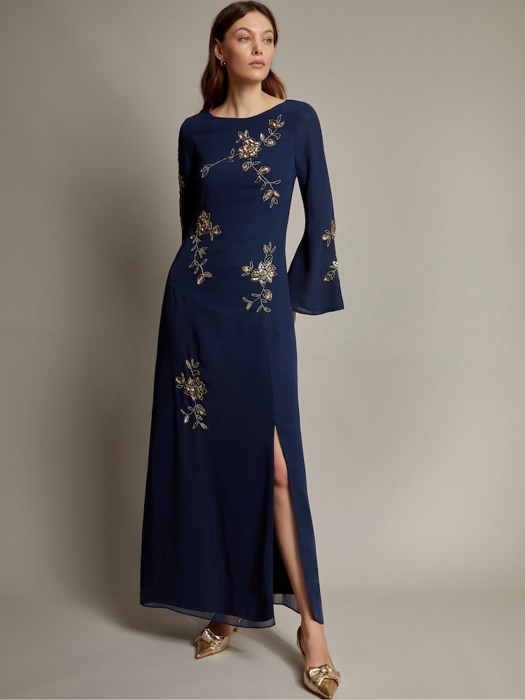 Monsoon Blue Sarah Flute Sleeve Floral Sequin Maxi Dress - Image 1 of 4
