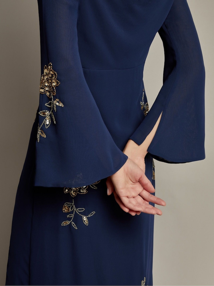 Monsoon Blue Sarah Flute Sleeve Floral Sequin Maxi Dress - Image 2 of 4
