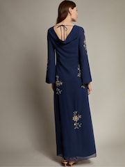 Monsoon Blue Sarah Flute Sleeve Floral Sequin Maxi Dress - Image 3 of 4