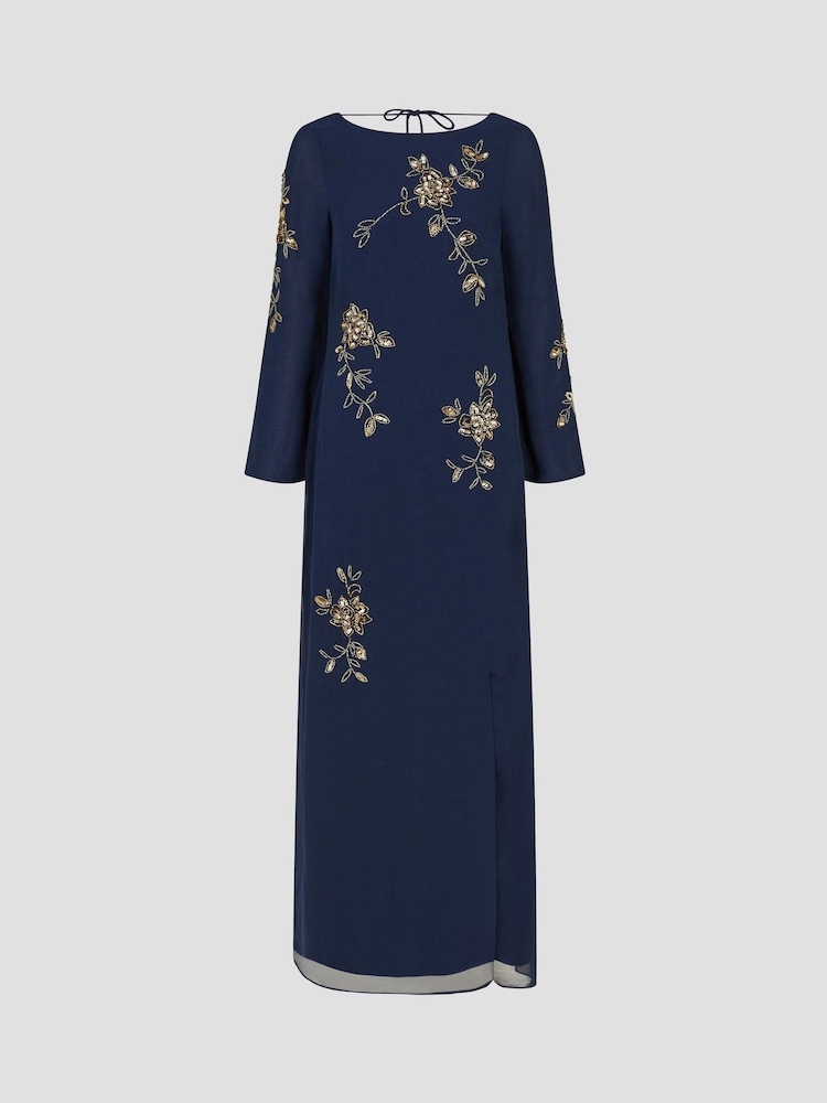 Monsoon Blue Sarah Flute Sleeve Floral Sequin Maxi Dress - Image 4 of 4