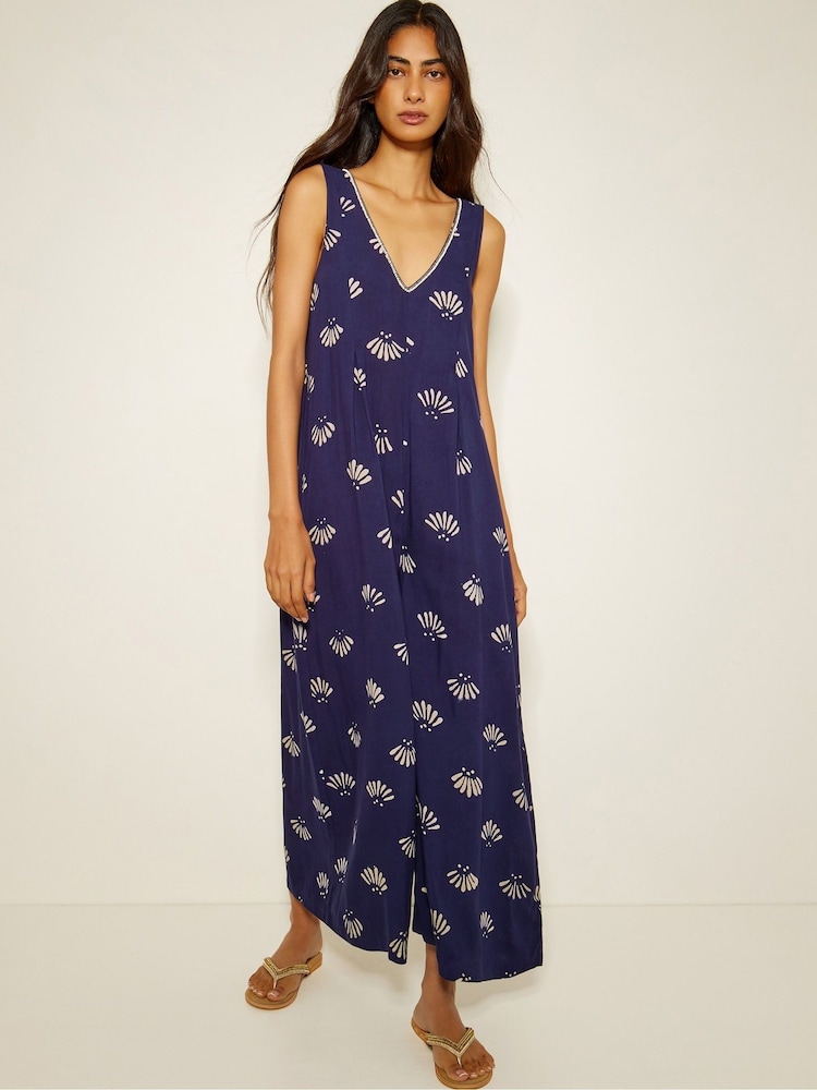 Monsoon Blue Briana Fan Print Wide Leg Jumpsuit - Image 1 of 4