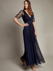 Monsoon Blue Ellie Sheer Sleeve Plunge Tulle Maxi Dress - Image 1 of 5