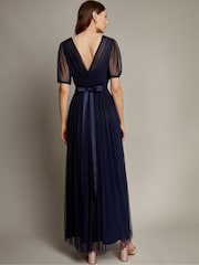 Monsoon Blue Ellie Sheer Sleeve Plunge Tulle Maxi Dress - Image 3 of 5