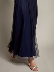 Monsoon Blue Ellie Sheer Sleeve Plunge Tulle Maxi Dress - Image 4 of 5