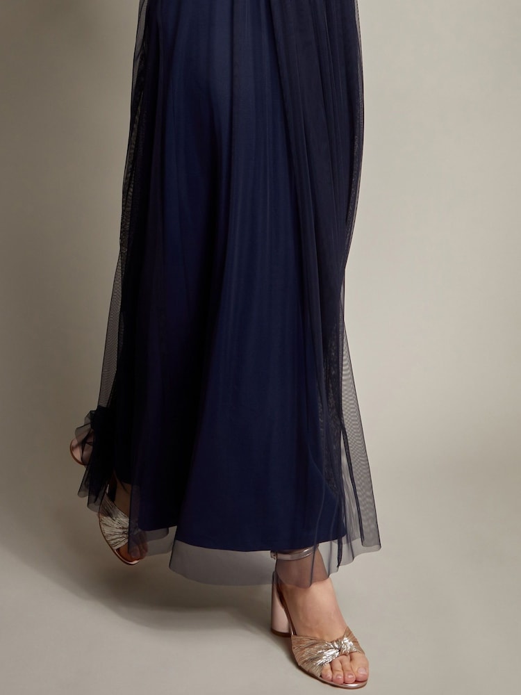 Monsoon Blue Ellie Sheer Sleeve Plunge Tulle Maxi Dress - Image 4 of 5