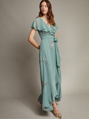Monsoon Green Ausha Floral Embellished Maxi Wrap Dress - Image 1 of 5