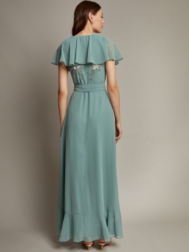 Monsoon Green Ausha Floral Embellished Maxi Wrap Dress - Image 4 of 5