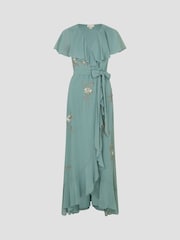 Monsoon Green Ausha Floral Embellished Maxi Wrap Dress - Image 5 of 5