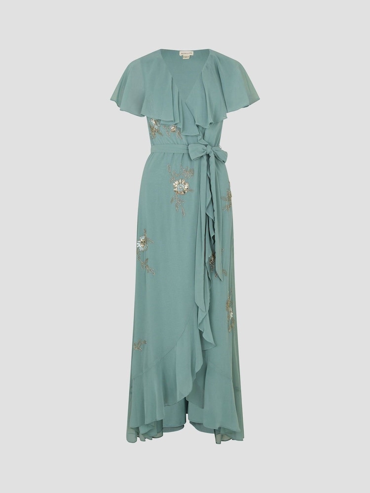 Monsoon Green Ausha Floral Embellished Maxi Wrap Dress - Image 5 of 5