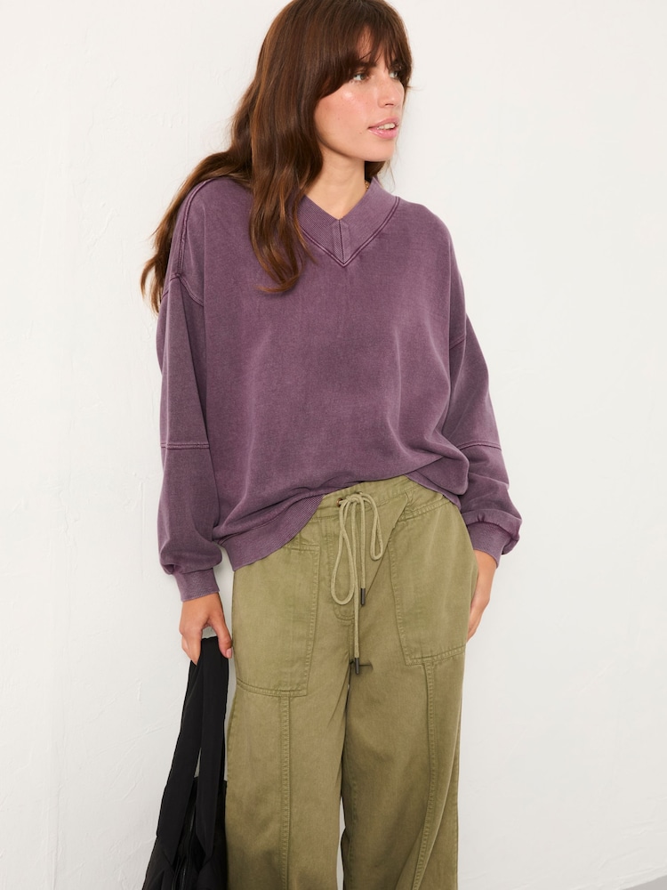 FatFace Lars Plum Purple Plain V Neck Sweat Top - Image 1 of 5