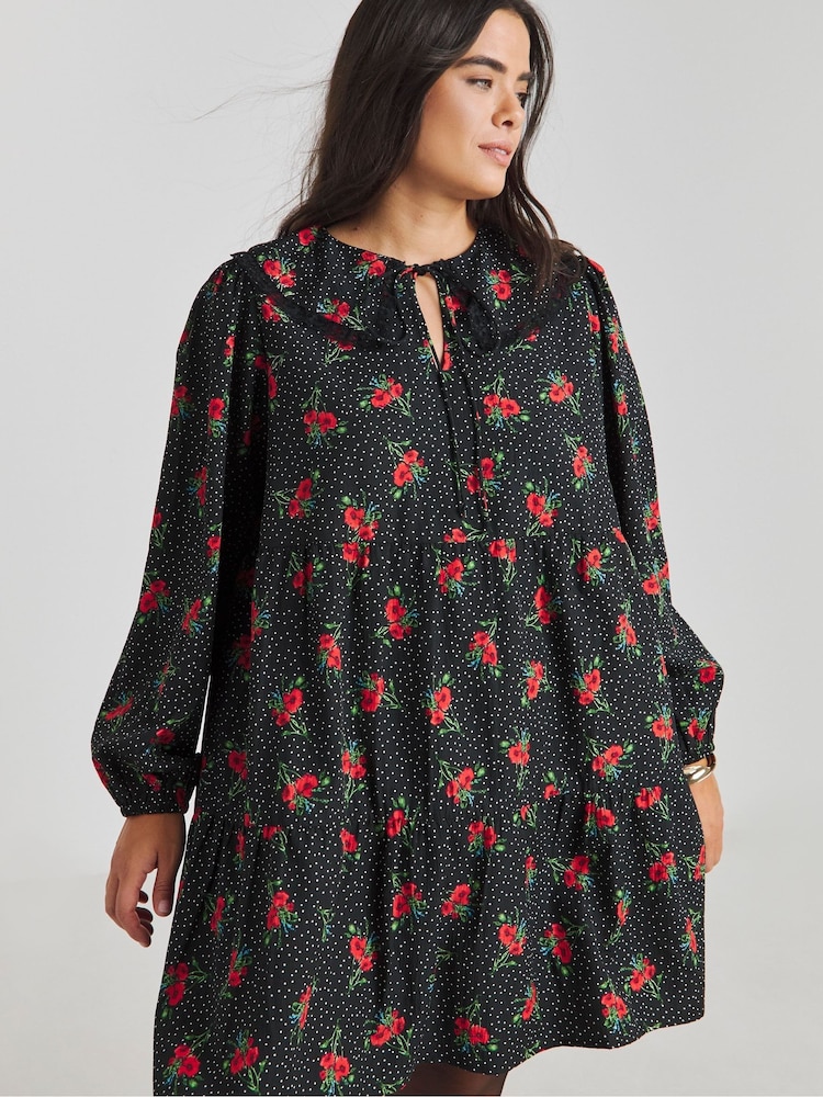 Simply Be Black Printed Collared Smock Dress - Image 1 of 4