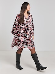 Simply Be Black Animal Leopard Print Poly Crepe Shirt Dress - Image 1 of 4