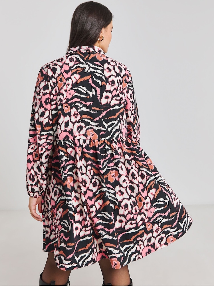 Simply Be Black Animal Leopard Print Poly Crepe Shirt Dress - Image 2 of 4
