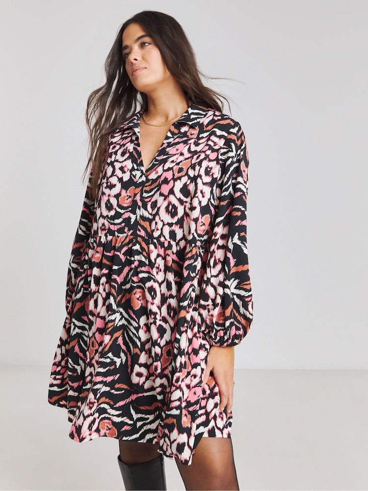 Simply Be Black Animal Leopard Print Poly Crepe Shirt Dress - Image 4 of 4