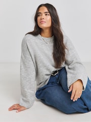 Simply Be Grey Sponge Pointelle Detail Wide Sleeve Crew Neck Jumper - Image 1 of 4