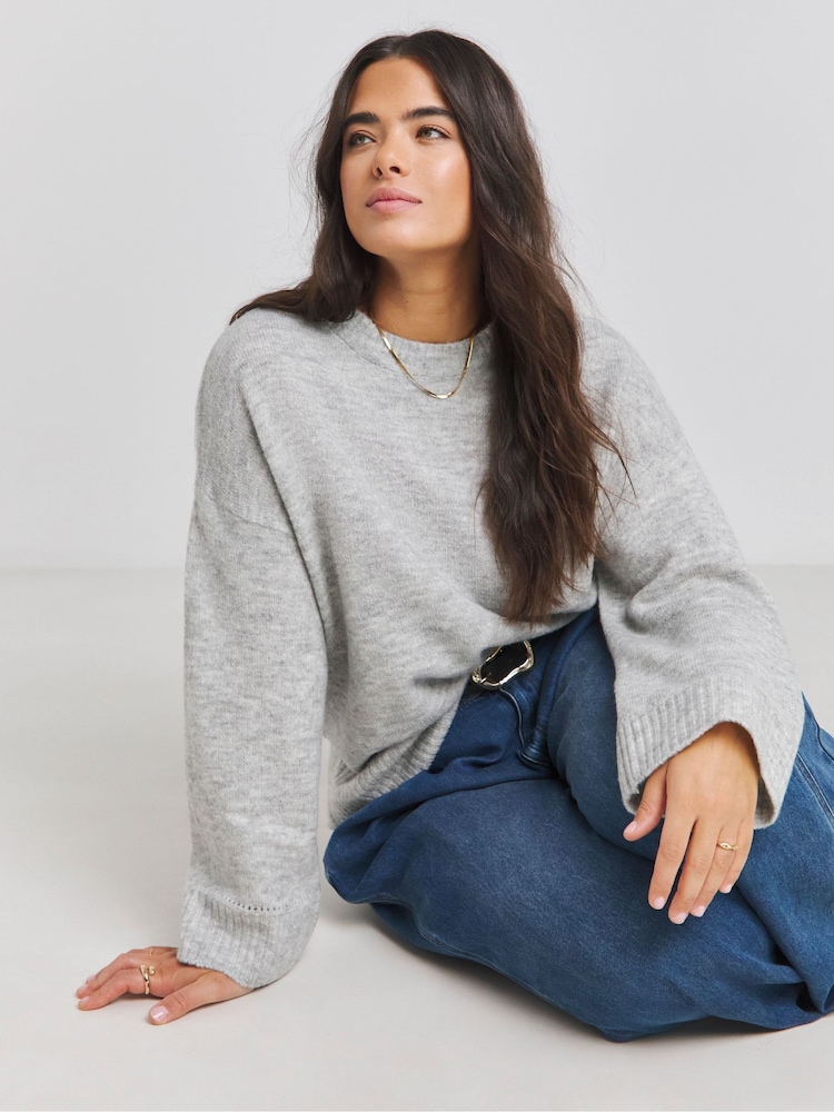 Simply Be Grey Sponge Pointelle Detail Wide Sleeve Crew Neck Jumper - Image 1 of 4