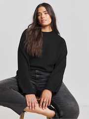 Simply Be Black Sponge Pointelle Detail Wide Sleeve Crew Neck Jumper - Image 1 of 4