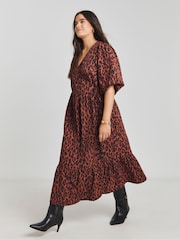 Simply Be Red Puff Sleeve Woven Wrap Midi Dress - Image 1 of 4