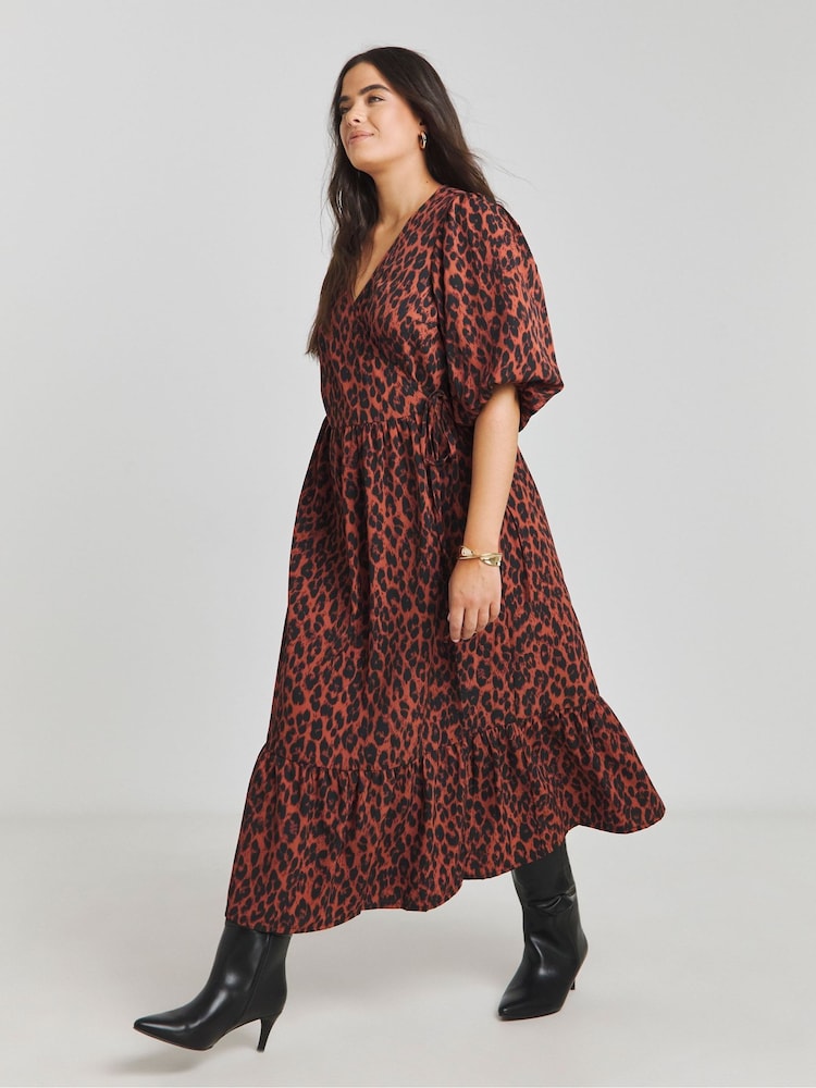 Simply Be Red Puff Sleeve Woven Wrap Midi Dress - Image 1 of 4