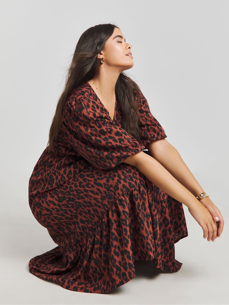 Simply Be Red Puff Sleeve Woven Wrap Midi Dress - Image 4 of 4