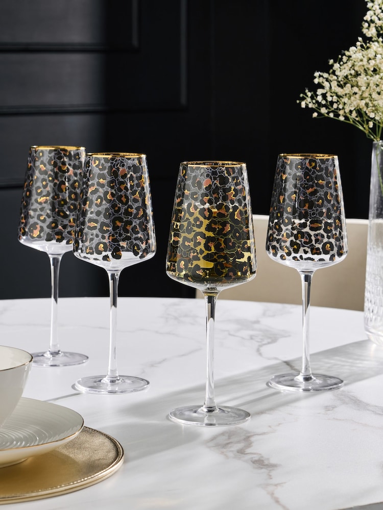 Set of 4 Black Leopard Print Wine Glasses - Image 1 of 3
