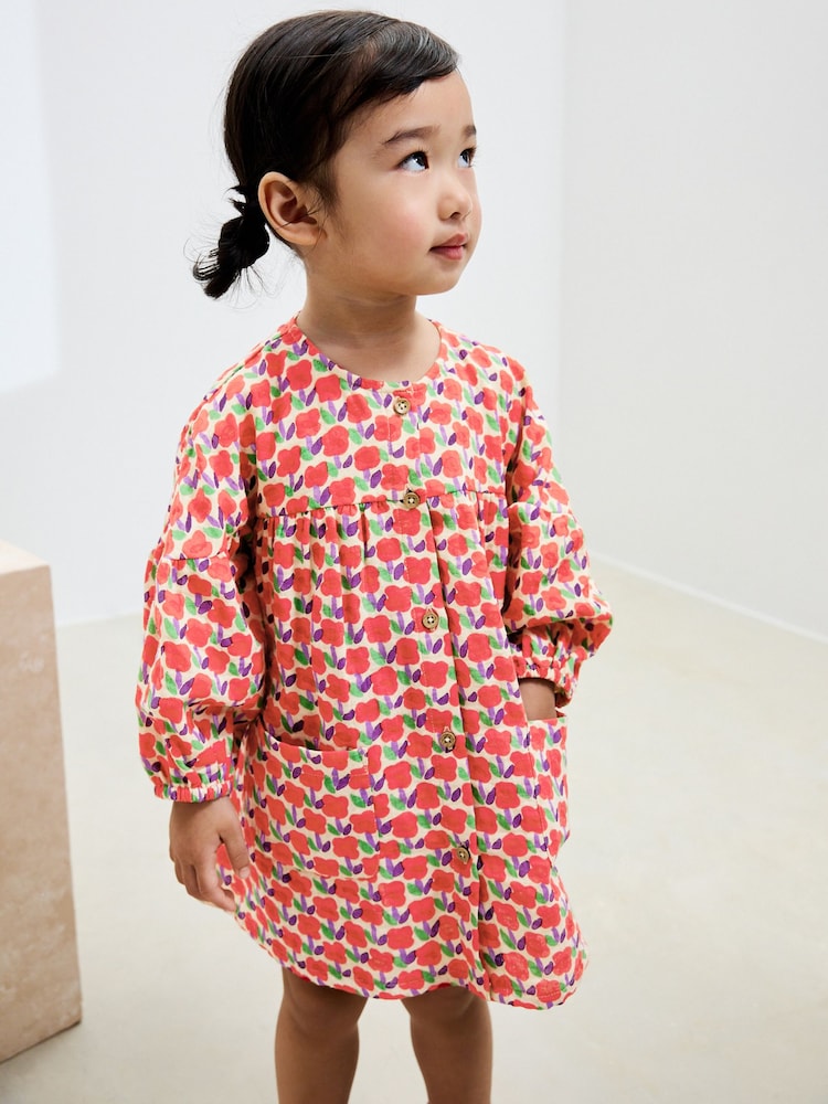 Red Flower Button Up Long Sleeve Dress (3mths-8yrs) - Image 1 of 6