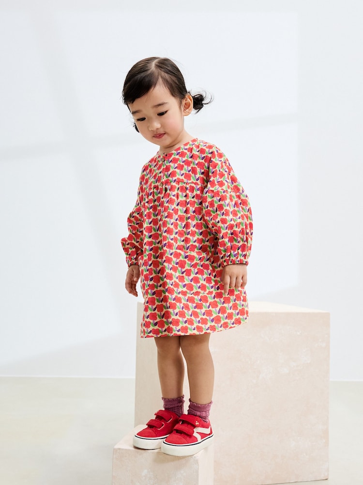 Red Flower Button Up Long Sleeve Dress (3mths-8yrs) - Image 2 of 6