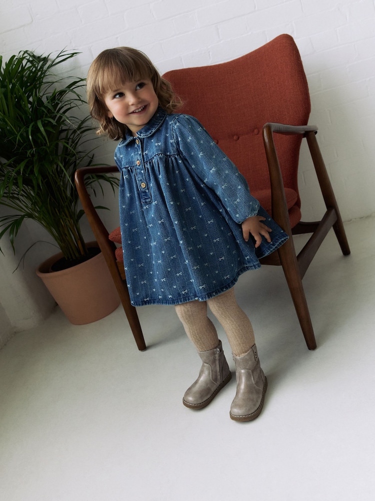 Denim Bow Long Sleeve Collar Dress (3mths-8yrs) - Image 1 of 8 Denim Bow Long Sleeve Collar Dress (3mths-8yrs) - Image 1 of 8