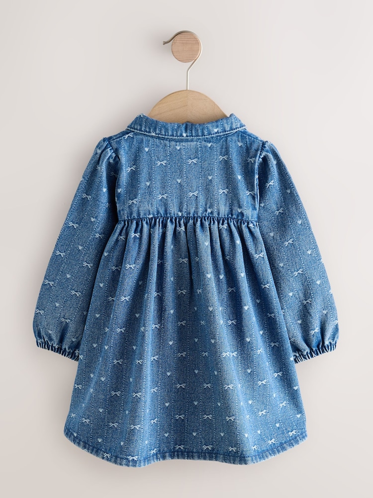 Next Kids' Bow Long Sleeve Denim Dress in Blue at Nordstrom, Size 6-7Y