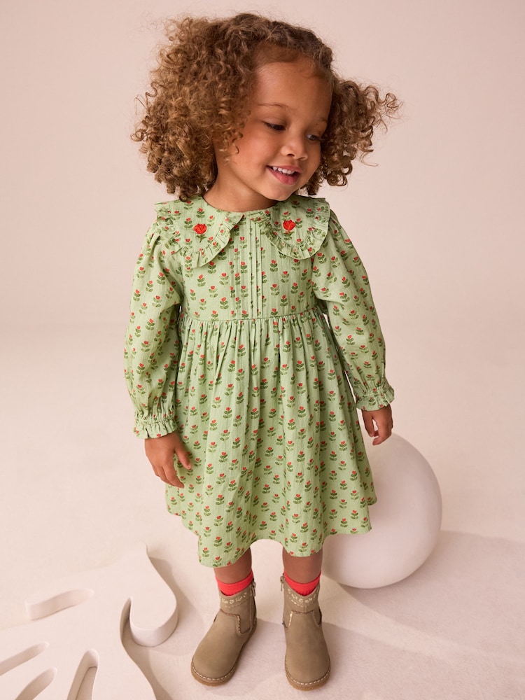 Green Printed Collar Long Sleeve Dress (3mths-8yrs) - Image 1 of 4