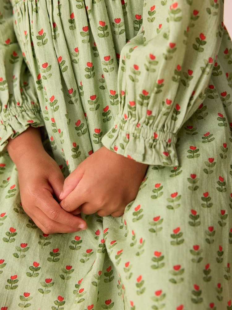 Green Printed Collar Long Sleeve Dress (3mths-8yrs) - Image 4 of 4