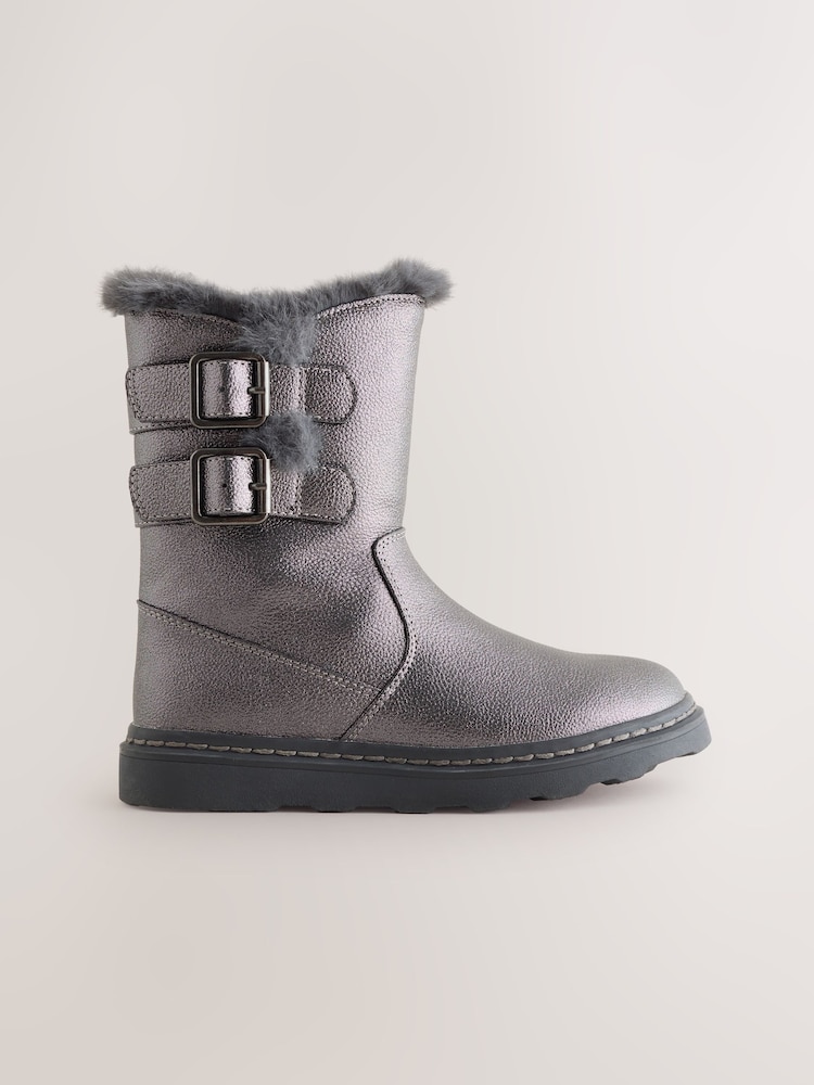 Pewter Grey Wide Fit (G) Faux Fur Lined Buckle Boots - Image 1 of 6