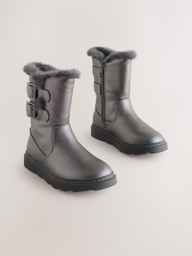 Pewter Grey Wide Fit (G) Faux Fur Lined Buckle Boots - Image 2 of 6