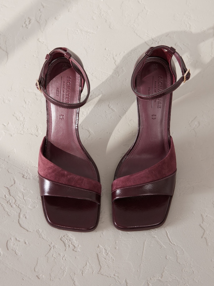 Berry Red Signature Premium Leather/Suede Square Toe Heeled Sandals - Image 1 of 7